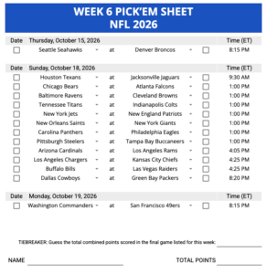 Week 6 Pick'em Sheet 2026 Google Sheets, Excel and PDF