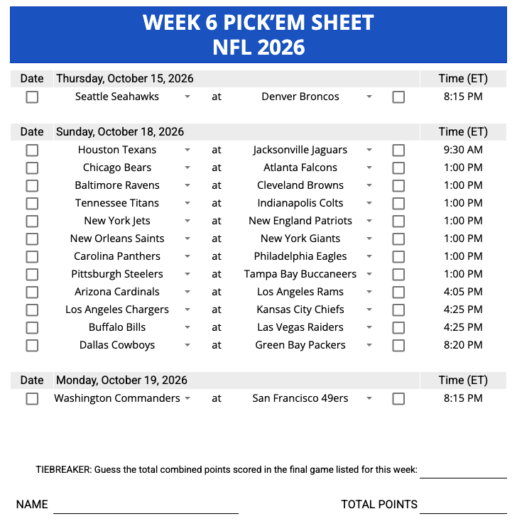 Week 6 Pick'em Sheet 2026 Google Sheets, Excel and PDF