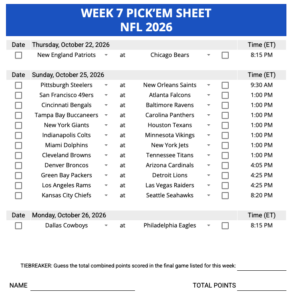 Week 7 Pick'em Sheet 2026 Google Sheets, Excel and PDF