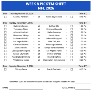 Week 8 Pick'em Sheet 2026 Google Sheets, Excel and PDF