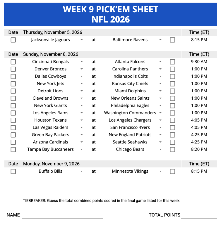 Week 9 Pick'em Sheet 2026 Google Sheets, Excel and PDF