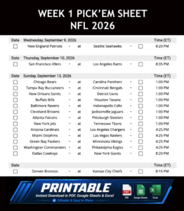 Week 1 Pick’em Sheet 2026 Google Sheets, Excel and PDF