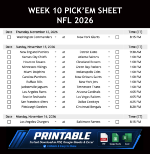 Week 10 Pick’em Sheet 2026 Google Sheets, Excel and PDF