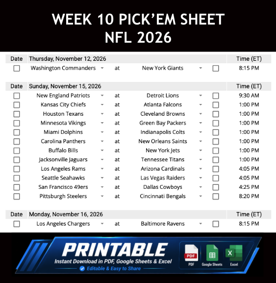 Week 10 Pick’em Sheet 2026 Google Sheets, Excel and PDF