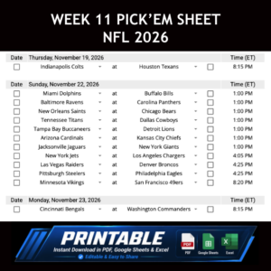 Week 11 Pick’em Sheet 2026 Google Sheets, Excel and PDF