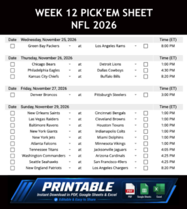 Week 12 Pick’em Sheet 2026 Google Sheets, Excel and PDF