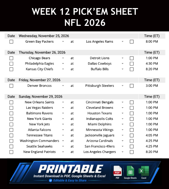 Week 12 Pick’em Sheet 2026 Google Sheets, Excel and PDF