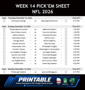 Week 14 Pick’em Sheet 2026 Google Sheets, Excel and PDF