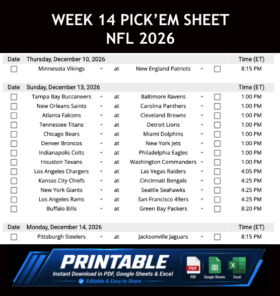 Week 14 Pick’em Sheet 2026 Google Sheets, Excel and PDF