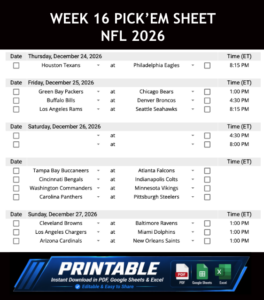 Week 16 Pick’em Sheet 2026 Google Sheets, Excel and PDF