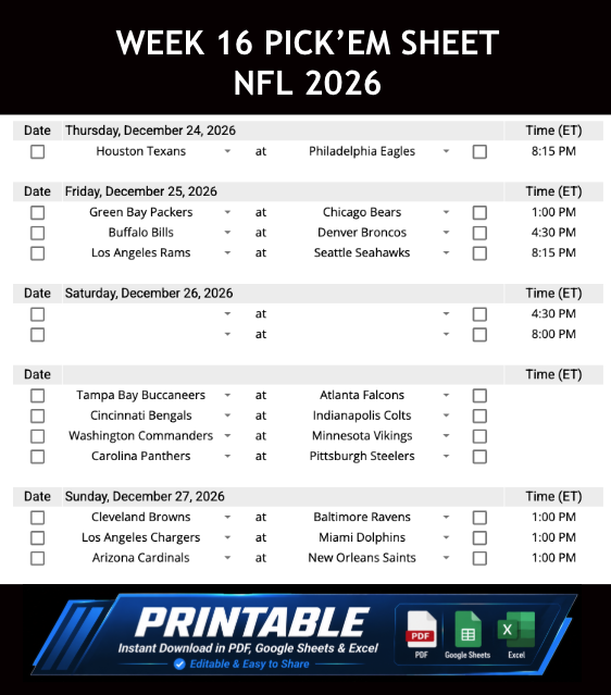 Week 16 Pick’em Sheet 2026 Google Sheets, Excel and PDF