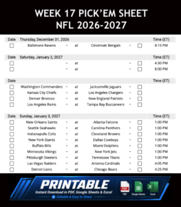 Week 17 Pick’em Sheet 2026 Google Sheets, Excel and PDF