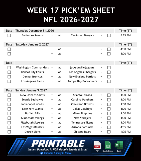 Week 17 Pick’em Sheet 2026 Google Sheets, Excel and PDF