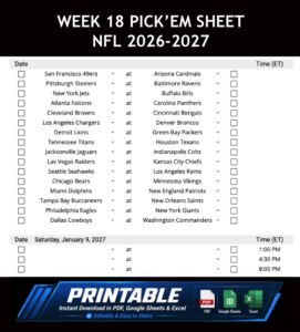 Week 18 Pick’em Sheet 2026-2027 Google Sheets, Excel and PDF
