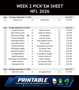 Week 2 Pick’em Sheet 2026 Google Sheets, Excel and PDF