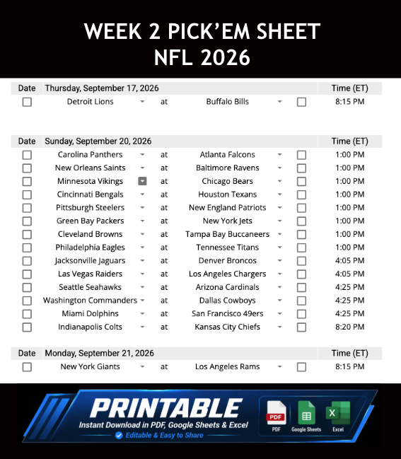 Week 2 Pick’em Sheet 2026 Google Sheets, Excel and PDF