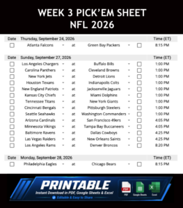 Week 3 Pick’em Sheet 2026 Google Sheets, Excel and PDF