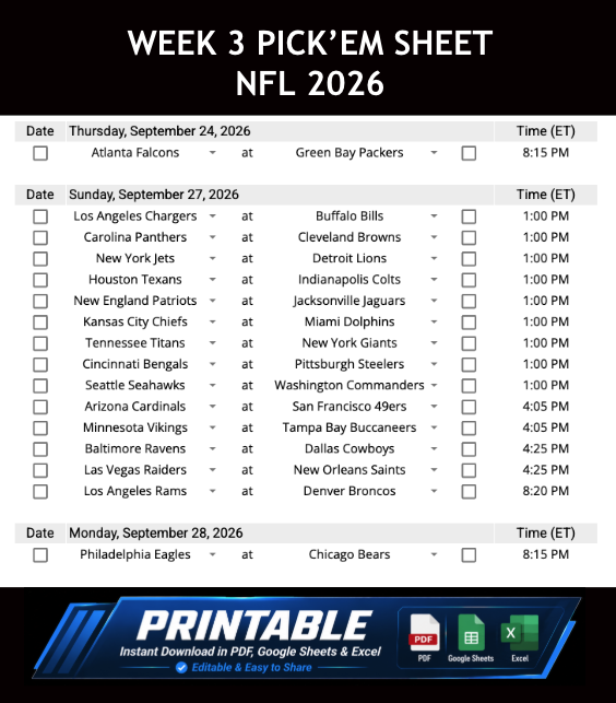 Week 3 Pick’em Sheet 2026 Google Sheets, Excel and PDF