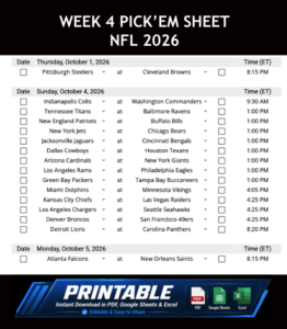 Week 4 Pick’em Sheet 2026 Google Sheets, Excel and PDF