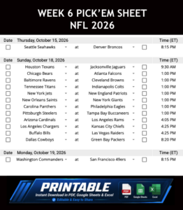 Week 6 Pick’em Sheet 2026 Google Sheets, Excel and PDF
