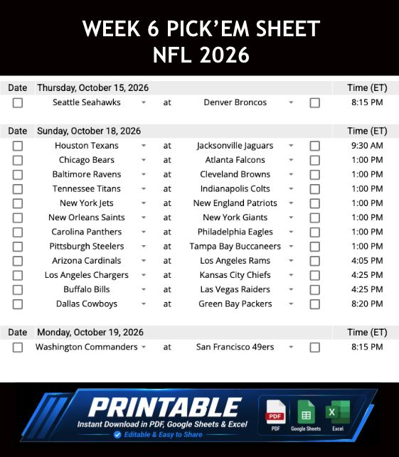 Week 6 Pick’em Sheet 2026 Google Sheets, Excel and PDF