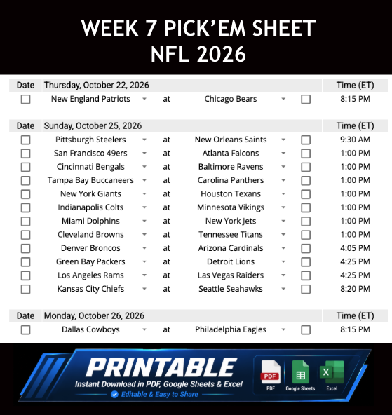 Week 7 Pick’em Sheet 2026 Google Sheets, Excel and PDF
