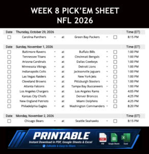 Week 8 Pick’em Sheet 2026 Google Sheets, Excel and PDF