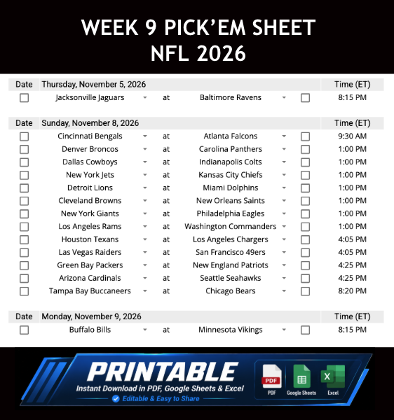Week 9 Pick’em Sheet 2026 Google Sheets, Excel and PDF