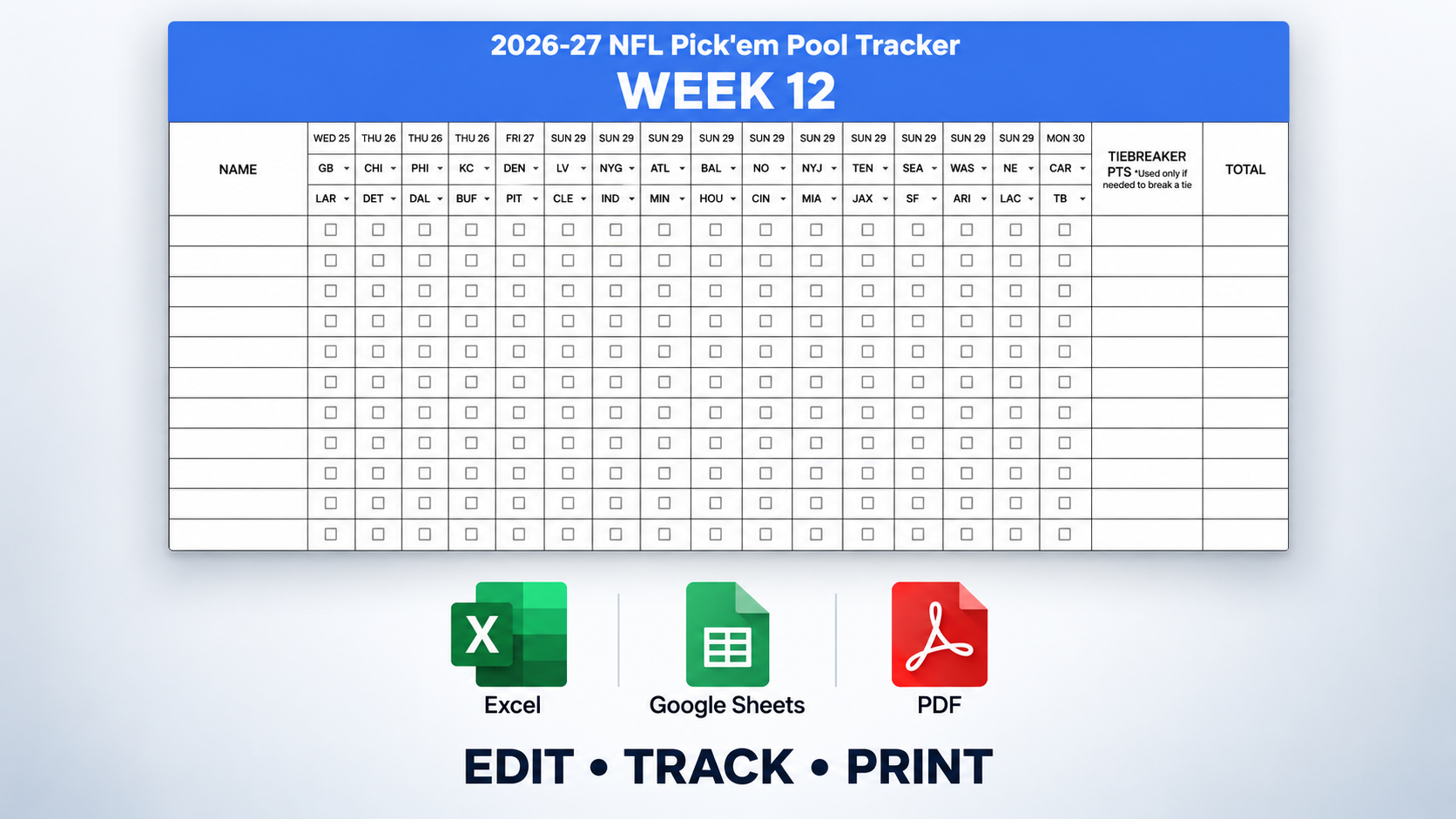 2026 NFL Week 12 Pick’em Pool Tracker – Excel & Google Sheets