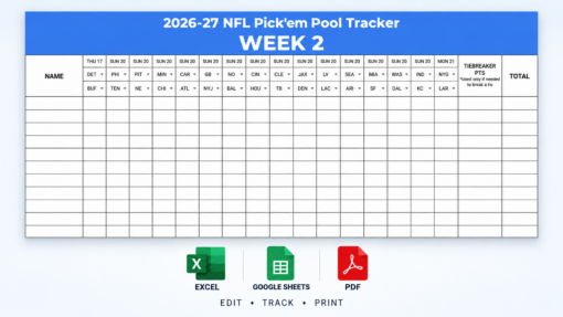 2026 NFL Week 2 Pick’em Pool Tracker – Excel & Google Sheets