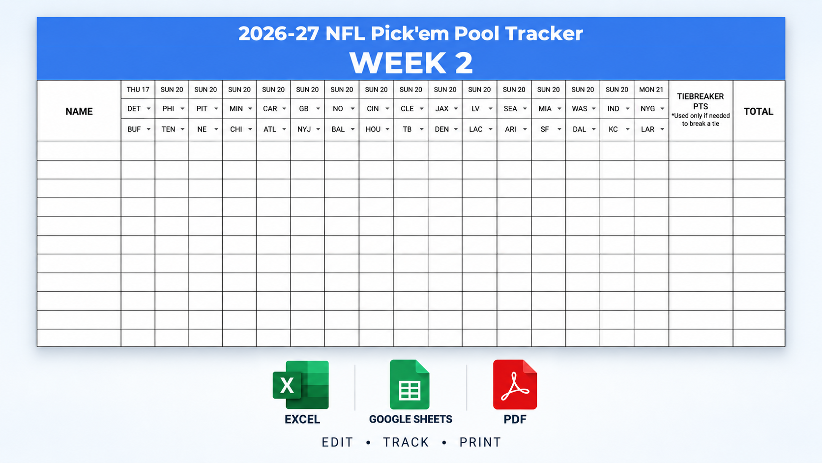 2026 NFL Week 2 Pick’em Pool Tracker – Excel & Google Sheets