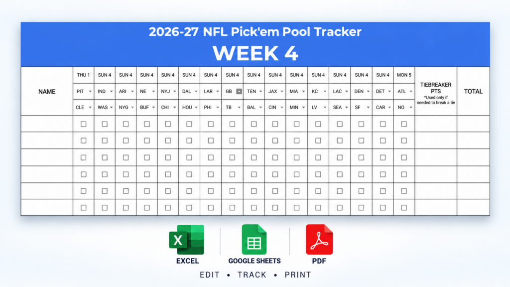 2026 nfl week 4 pick’em pool tracker – excel & google sheets