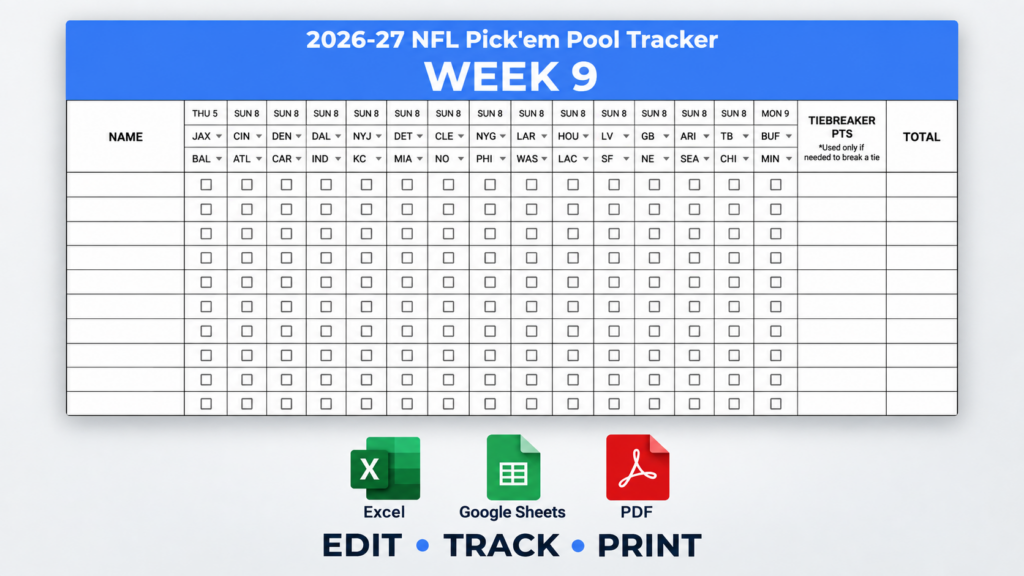 2026–27 nfl week 9 pick’em pool tracker